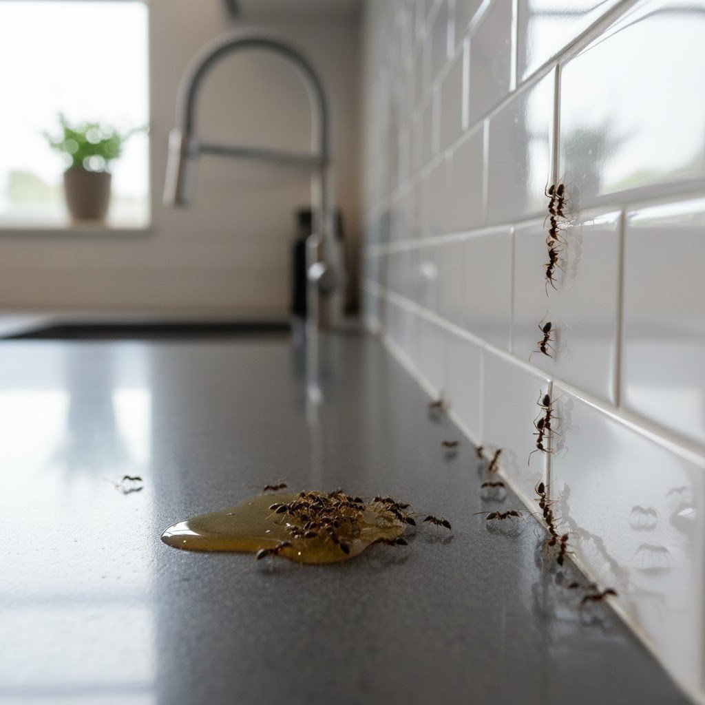 Caption: Sugar ants often follow invisible pheromone trails to find food sources in your kitchen.