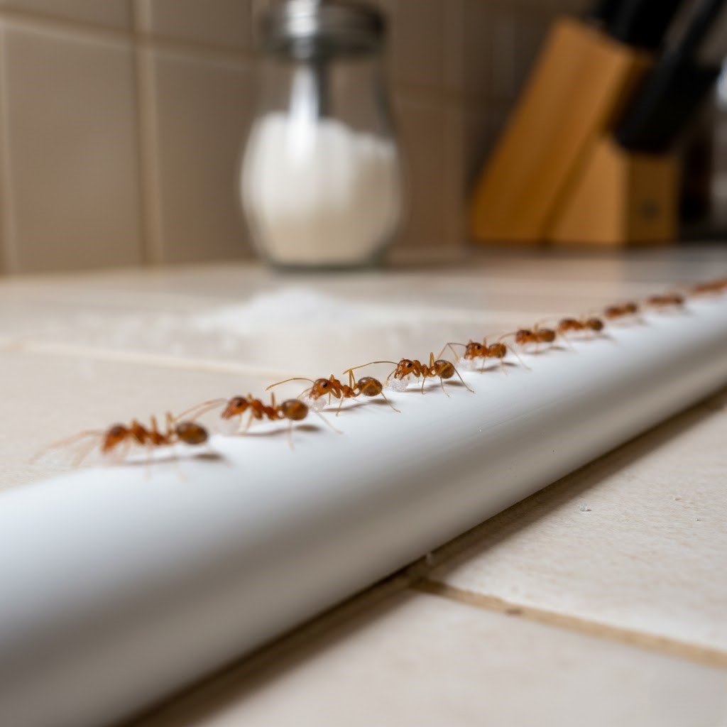 Sugar ants prefer following "edges" and corners, making them easier to spot along baseboards and counter lips.