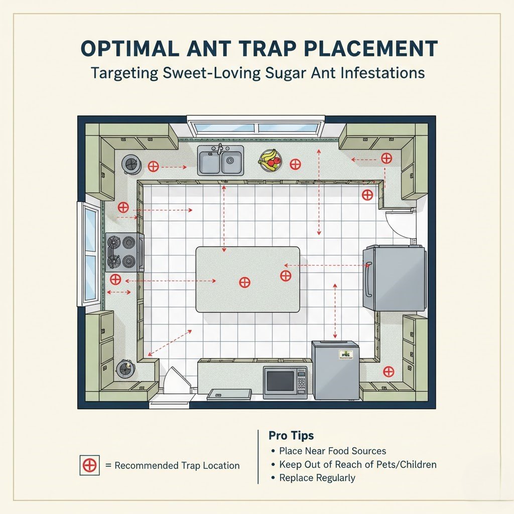 Optimal placement of sugar ant traps includes areas near water sources and along established pheromone trails.