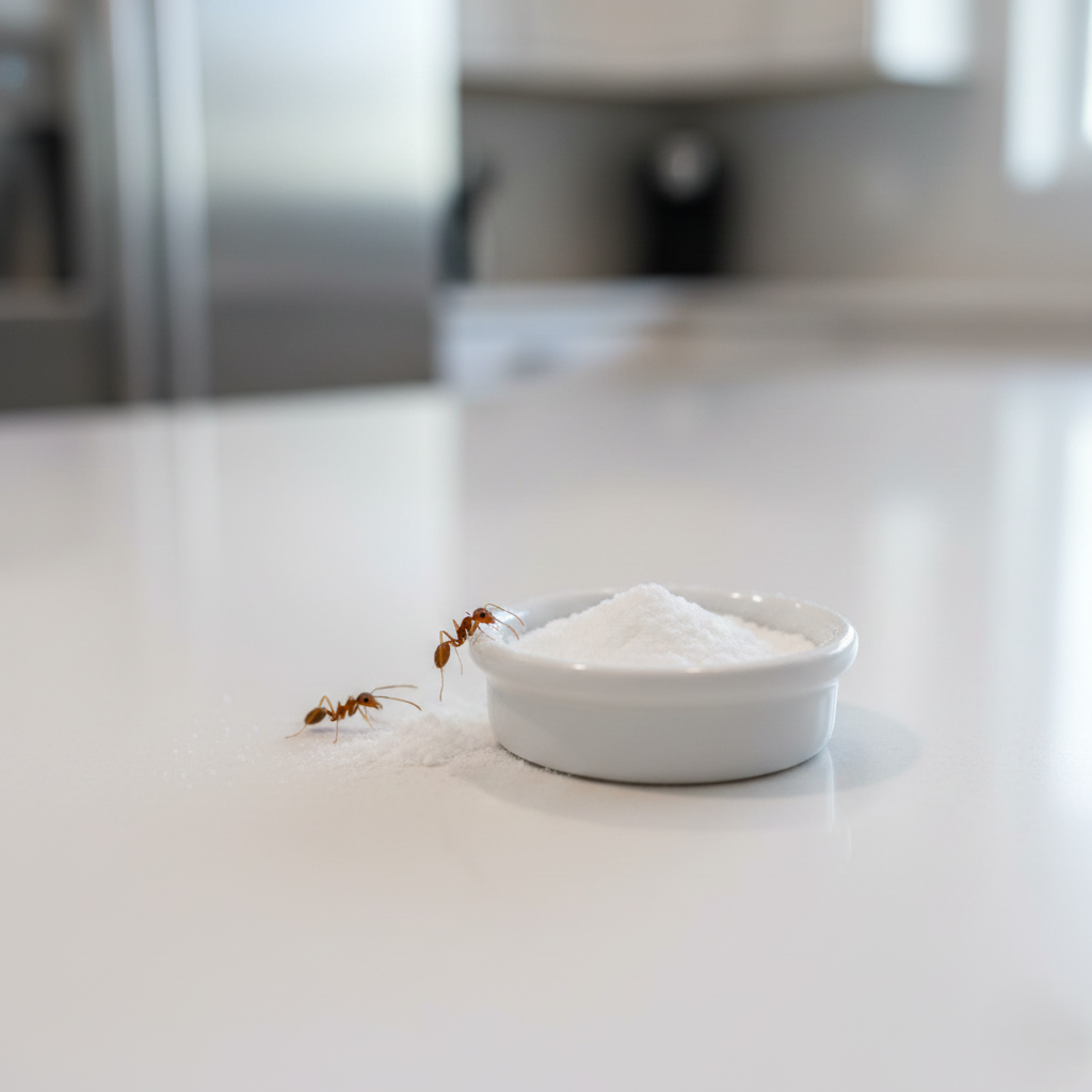 Combining powdered sugar with baking soda creates a bait that ants cannot distinguish from a food source.